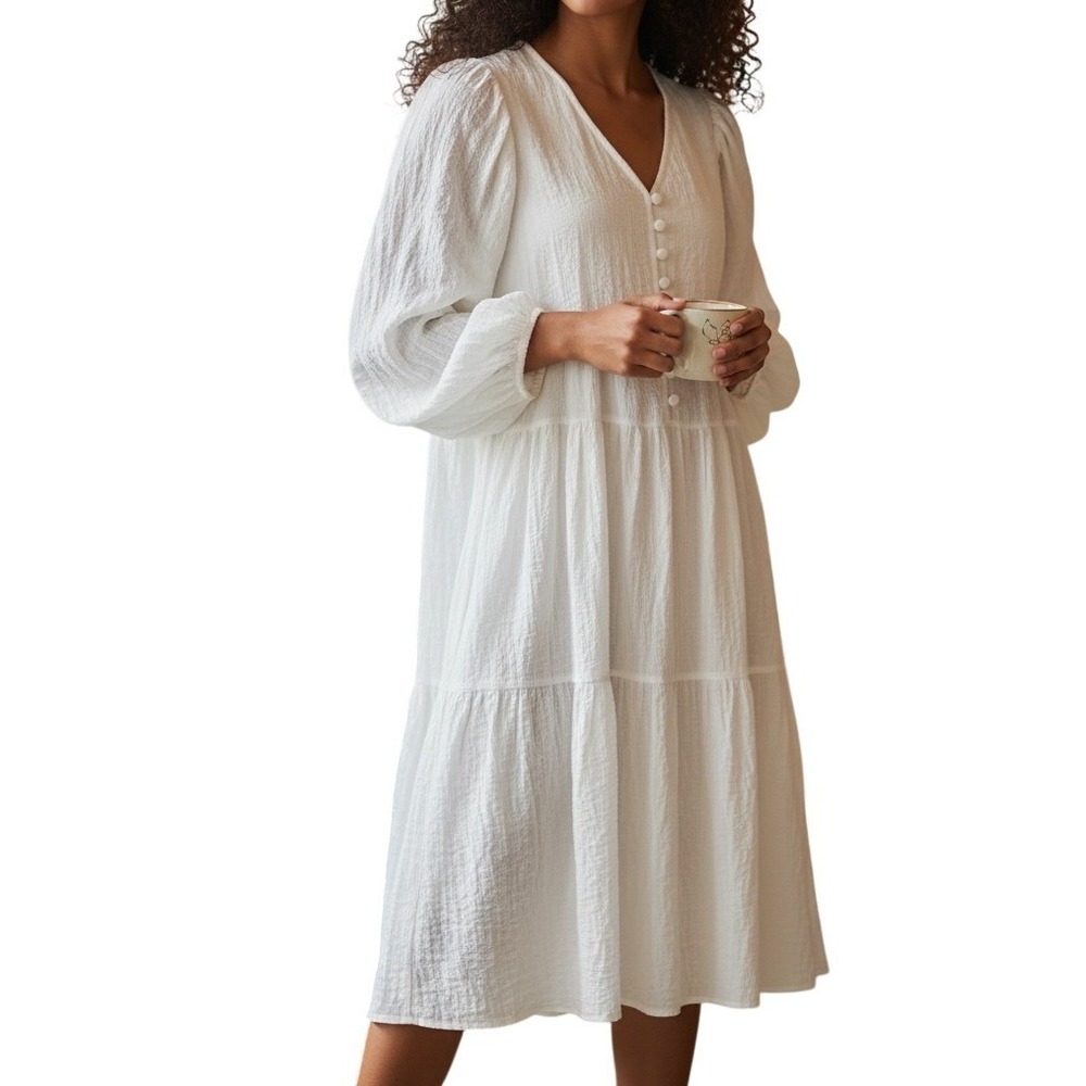 Just Me Tiered Midi Dress Womens Small White Balloon Sleeve Boho Cottagecore